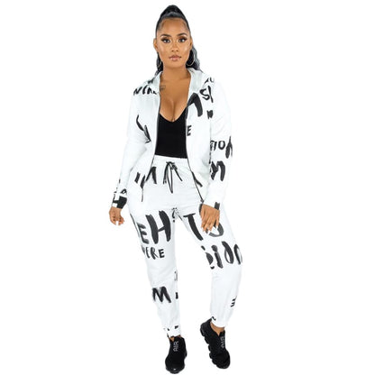 Conjunto de dos piezas de abrigo y pantalón con capucha y estampado de letras informales para mujer tallas S-XL