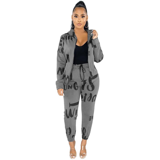 Conjunto de dos piezas de abrigo y pantalón con capucha y estampado de letras informales para mujer tallas S-XL