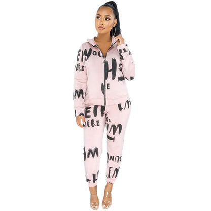 Conjunto de dos piezas de abrigo y pantalón con capucha y estampado de letras informales para mujer tallas S-XL