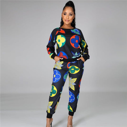 S-XL Women Casual Graphic Printing Sweatshirt And Pants Two Pieces Set
