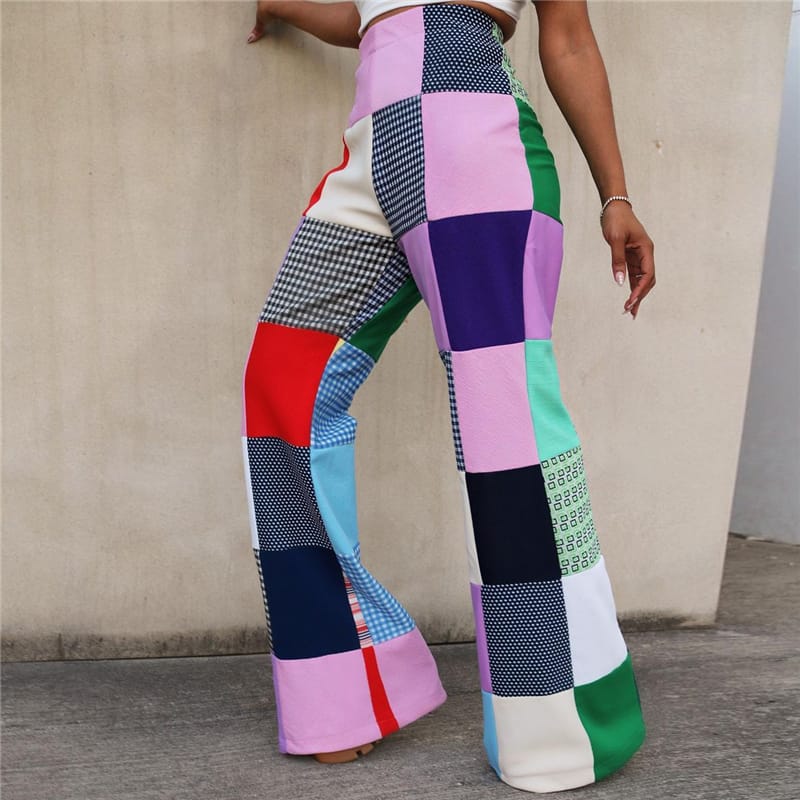 S-2XL Women Contrast Color Plaid Printed Casual Pants