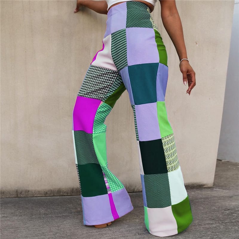 S-2XL Women Contrast Color Plaid Printed Casual Pants