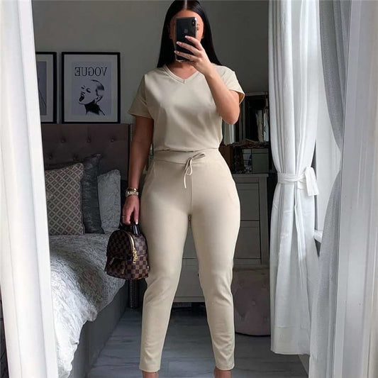 Conjunto de dos piezas de top y pantalón de manga corta de color liso informal para mujer tallas S-2XL