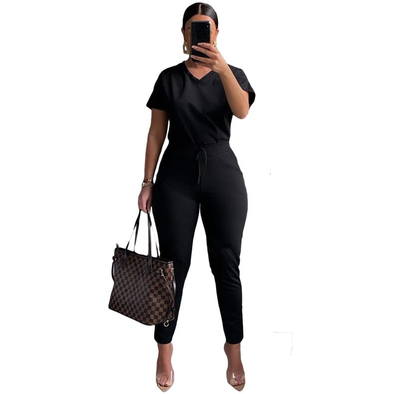 Conjunto de dos piezas de top y pantalón de manga corta de color liso informal para mujer tallas S-2XL