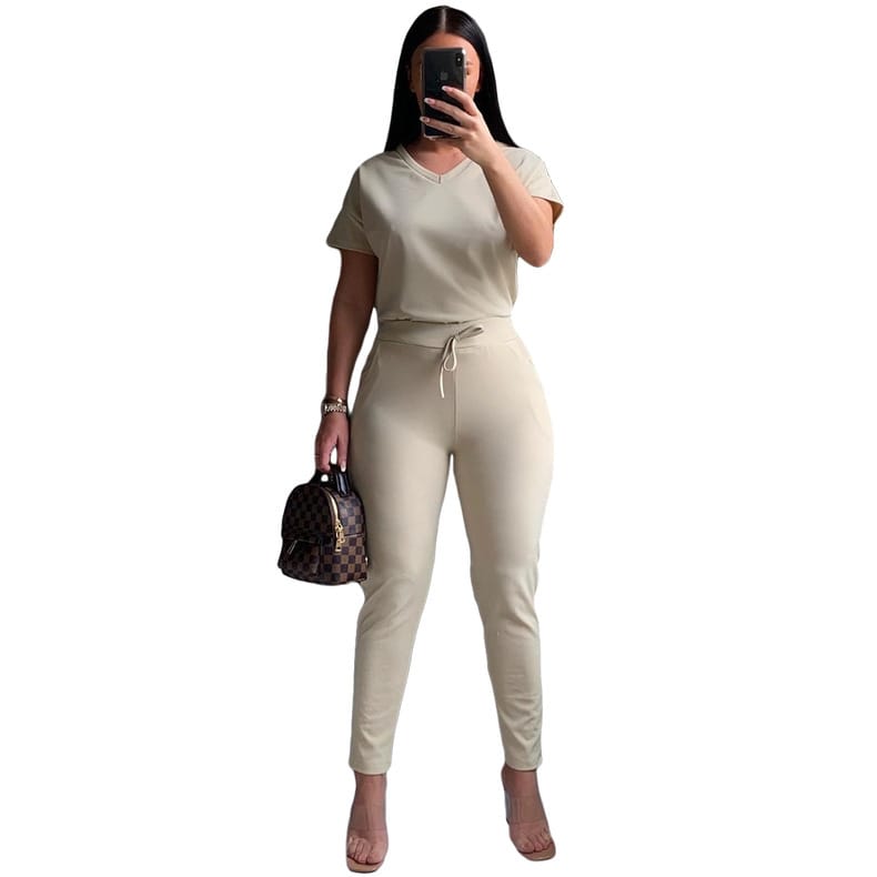 Conjunto de dos piezas de top y pantalón de manga corta de color liso informal para mujer tallas S-2XL