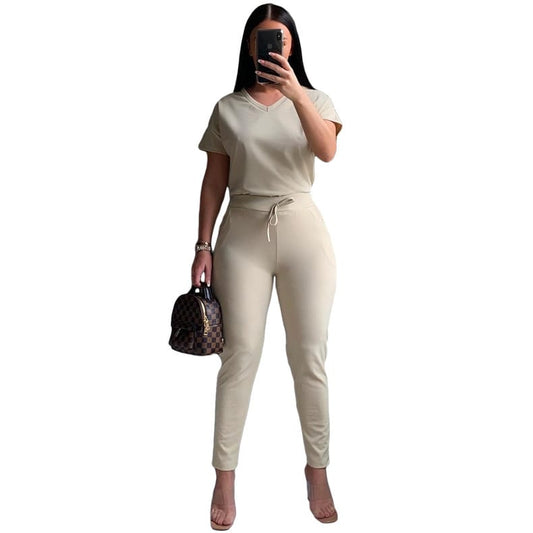 Conjunto de dos piezas de top y pantalón de manga corta de color liso informal para mujer tallas S-2XL