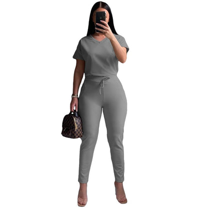 Conjunto de dos piezas de top y pantalón de manga corta de color liso informal para mujer tallas S-2XL