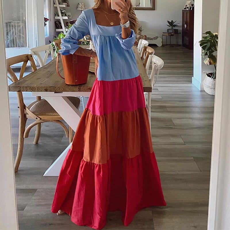 Vestido informal de manga larga con diseño de patchwork y bloques de color para mujer tallas S-XL
