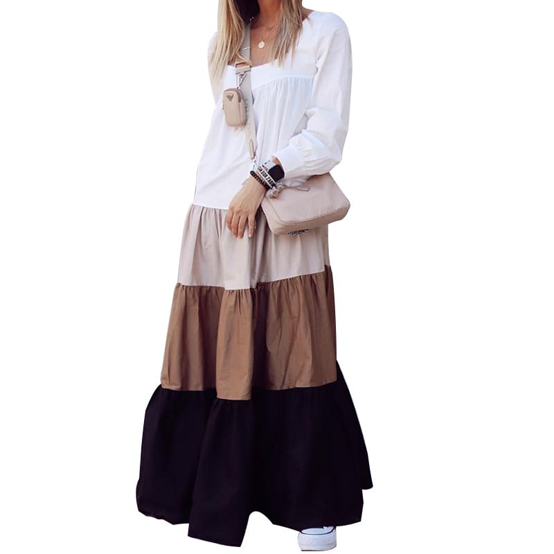 Vestido informal de manga larga con diseño de patchwork y bloques de color para mujer tallas S-XL