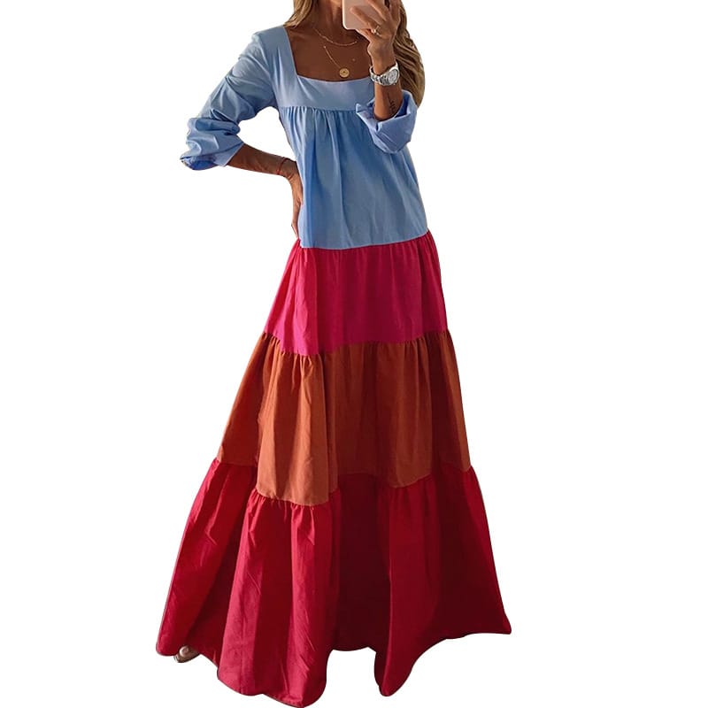 Vestido informal de manga larga con diseño de patchwork y bloques de color para mujer tallas S-XL