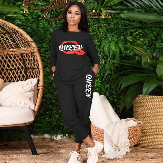 S-2XL Women Casual Letter Printing Sweatshirt And Sweatpants Two Pieces Set