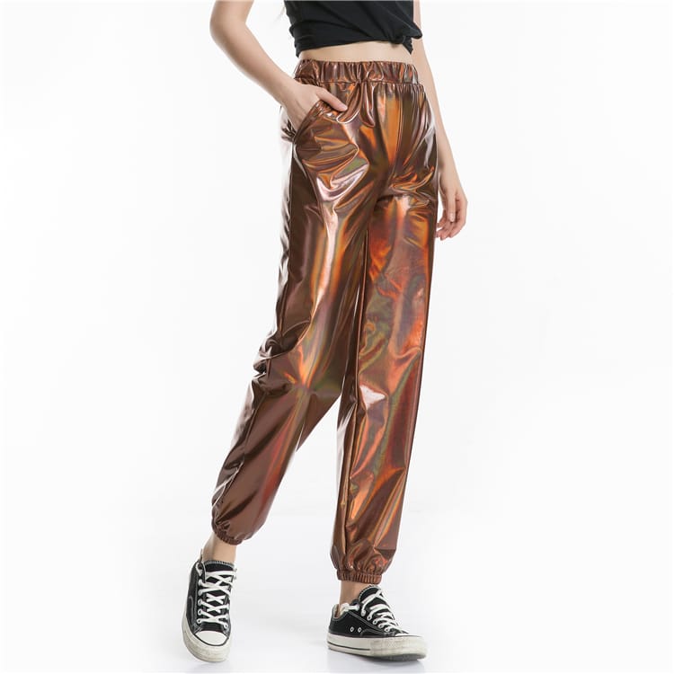 S-2XL Women Casual High Waist Shiny Stage Performance Jogger Pants