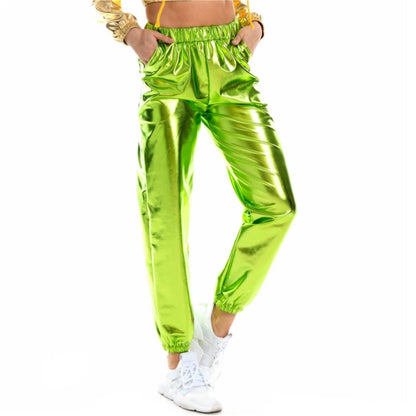 S-2XL Women Casual High Waist Shiny Stage Performance Jogger Pants
