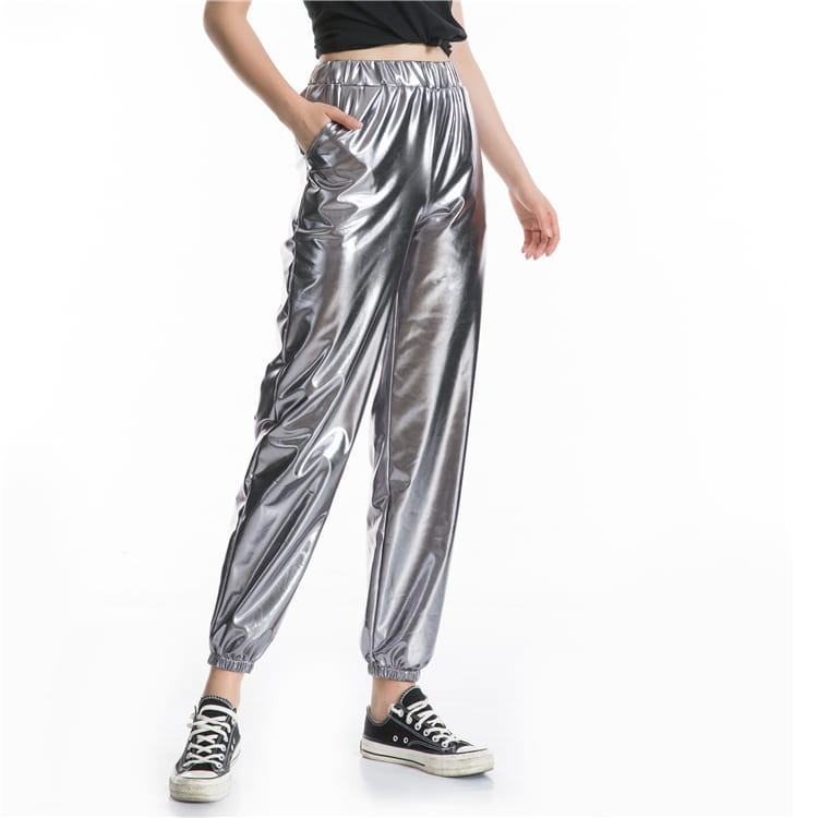 S-2XL Women Casual High Waist Shiny Stage Performance Jogger Pants