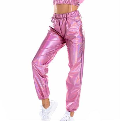 S-2XL Women Casual High Waist Shiny Stage Performance Jogger Pants