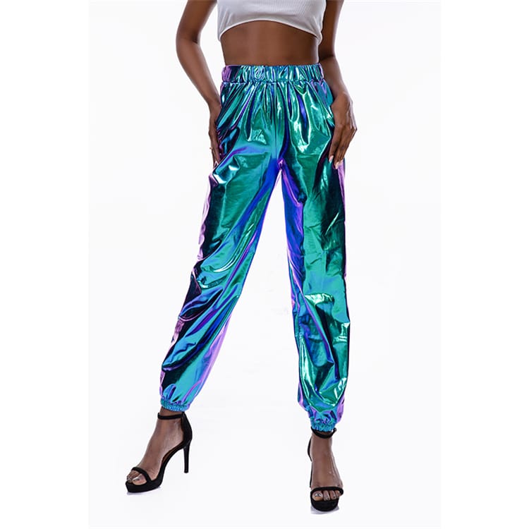 S-2XL Women Casual High Waist Shiny Stage Performance Jogger Pants