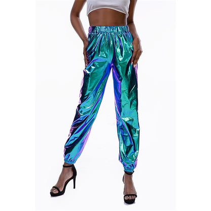 S-2XL Women Casual High Waist Shiny Stage Performance Jogger Pants