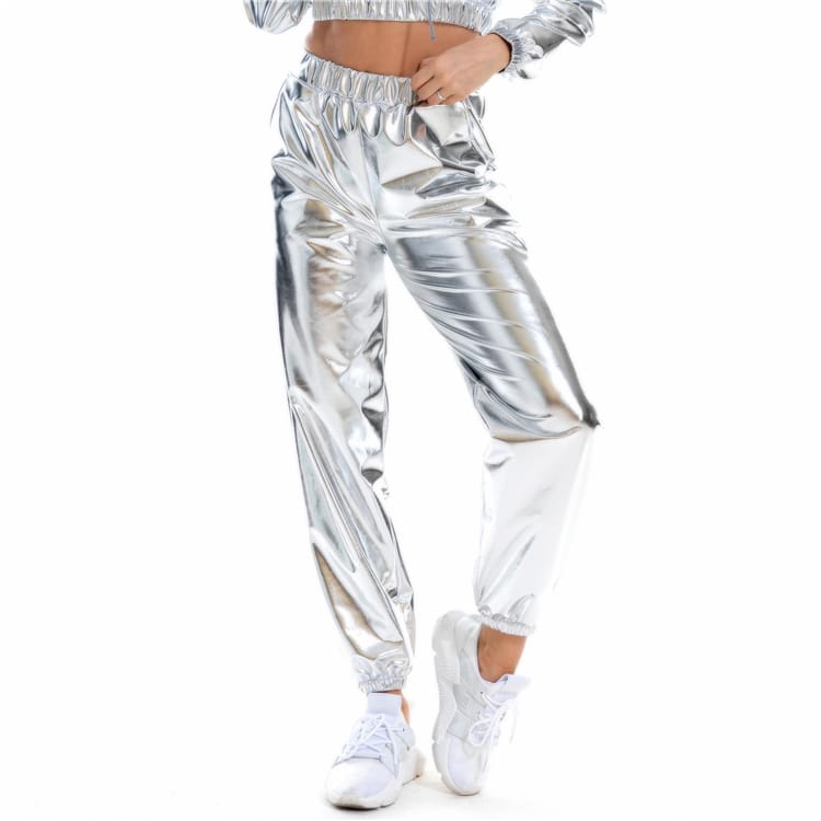 S-2XL Women Casual High Waist Shiny Stage Performance Jogger Pants