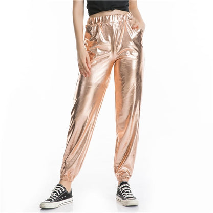S-2XL Women Casual High Waist Shiny Stage Performance Jogger Pants