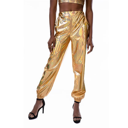 S-2XL Women Casual High Waist Shiny Stage Performance Jogger Pants