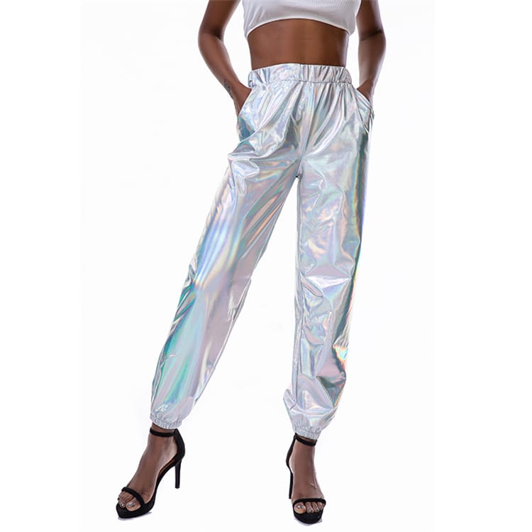 S-2XL Women Casual High Waist Shiny Stage Performance Jogger Pants