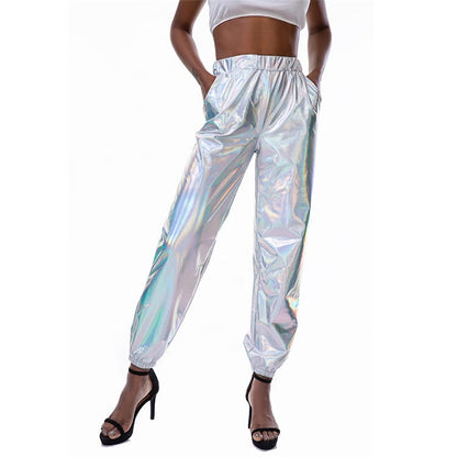S-2XL Women Casual High Waist Shiny Stage Performance Jogger Pants
