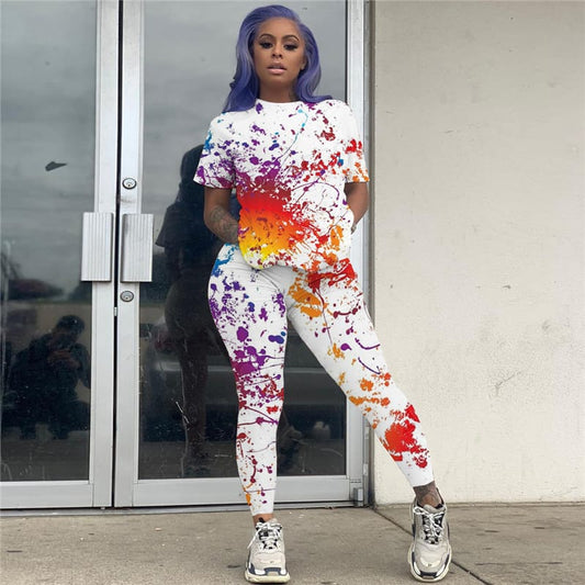 Conjunto de dos piezas de top y pantalón de manga corta con estampado gráfico informal para mujer tallas S-3XL