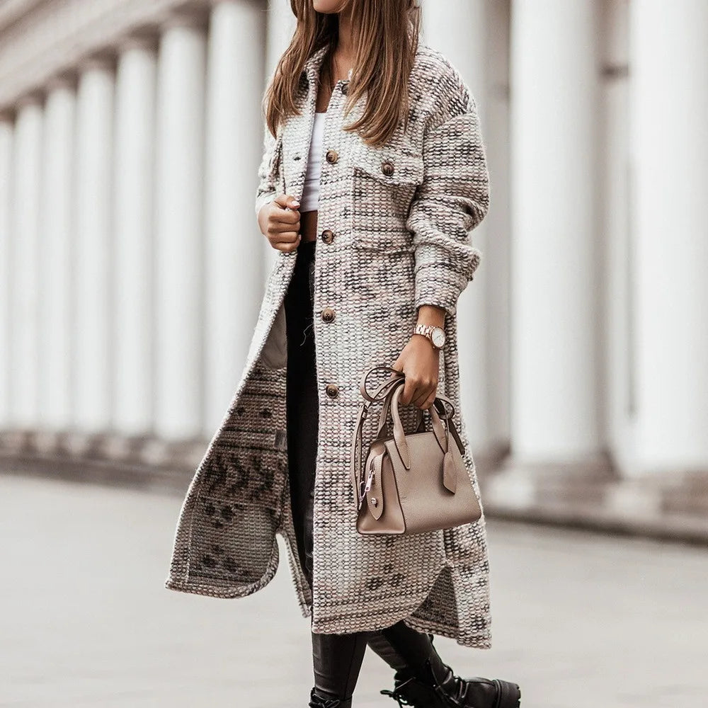 2025 Winter Women Jacket Turn Down Thin Plaid Long Oversize Thin Retro Female Streetwear Coat