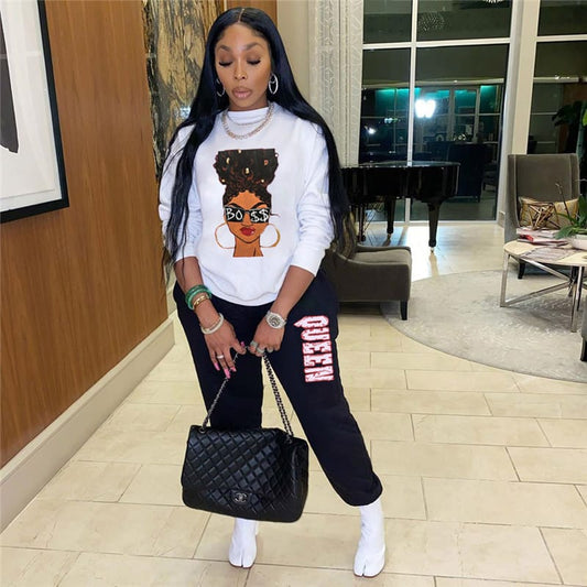 S-2XL Women Casual Cartoon Printing Sweatshirt And Sweatpants Two Pieces Set