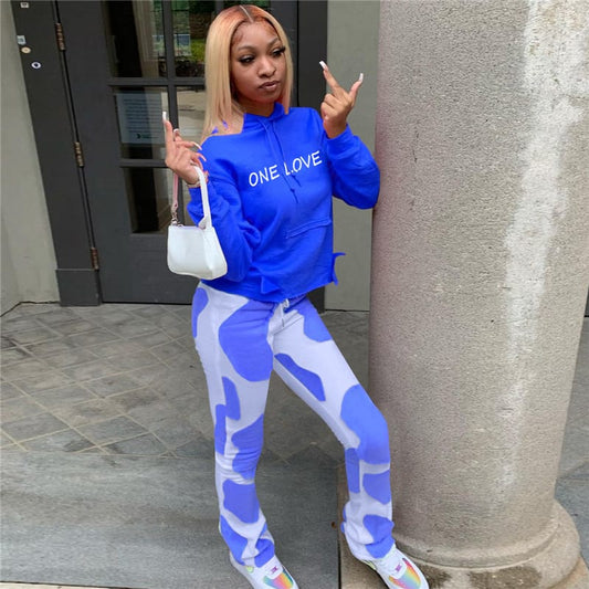 Conjunto de dos piezas para mujer, con sudadera con capucha y pantalones con estampado de letras, estilo casual, tallas S-2XL