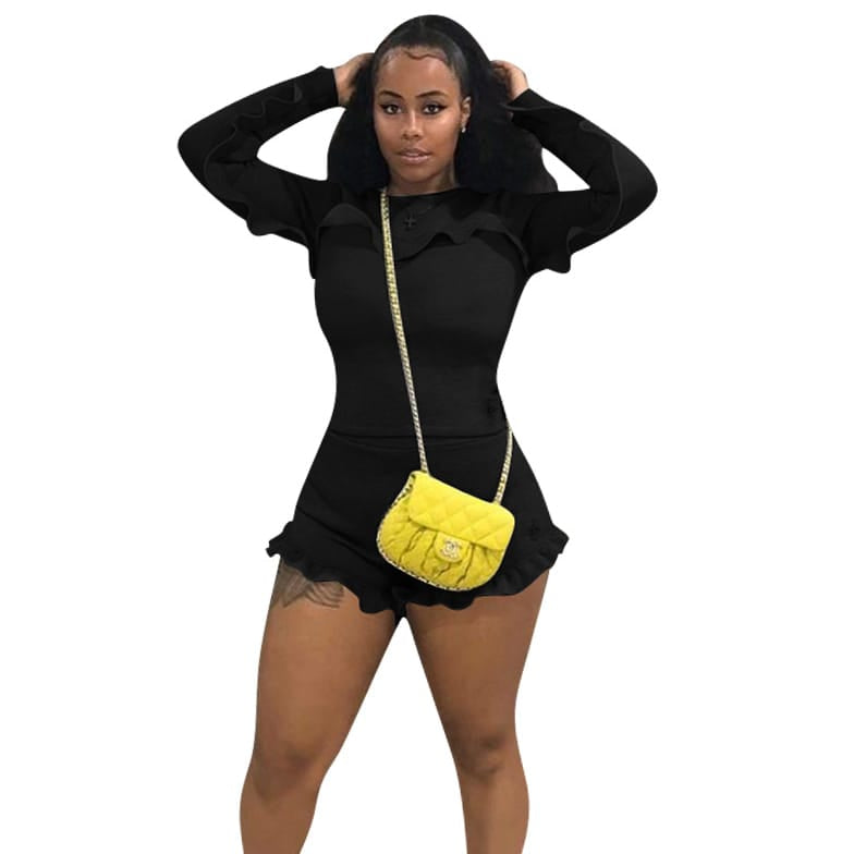 Conjunto de dos piezas de top y pantalones cortos con volantes de color liso para mujer, tallas S-2XL