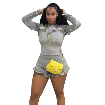 Conjunto de dos piezas de top y pantalones cortos con volantes de color liso para mujer, tallas S-2XL