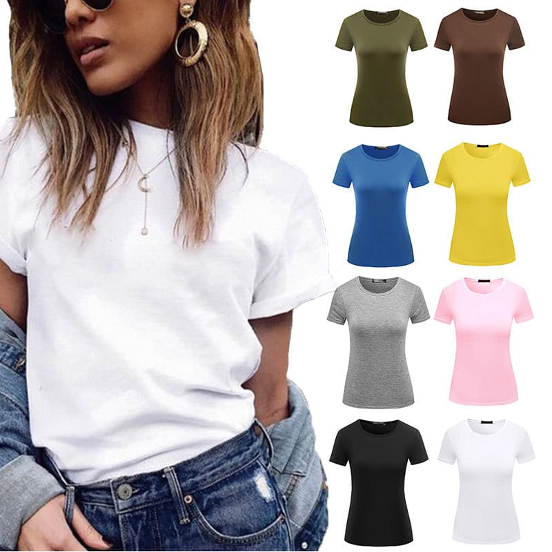 Camiseta informal de cuello redondo para mujer, color liso, en blanco, tallas S-2XL