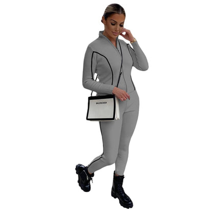 Conjunto de dos piezas de top y pantalón con cuello alto y bloques de color para mujer, tallas S-2XL