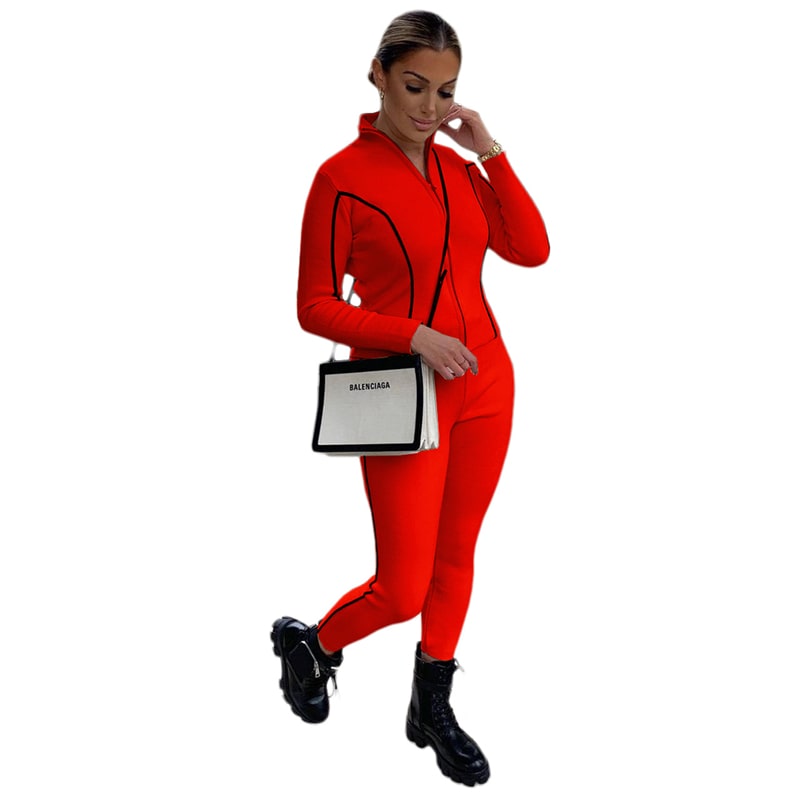 Conjunto de dos piezas de top y pantalón con cuello alto y bloques de color para mujer, tallas S-2XL