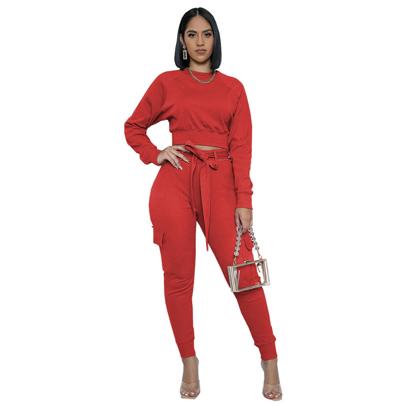 S-2XL Women Casual Solid Color Drawstring Sweatshirt And Sweatpants Two Pieces Set