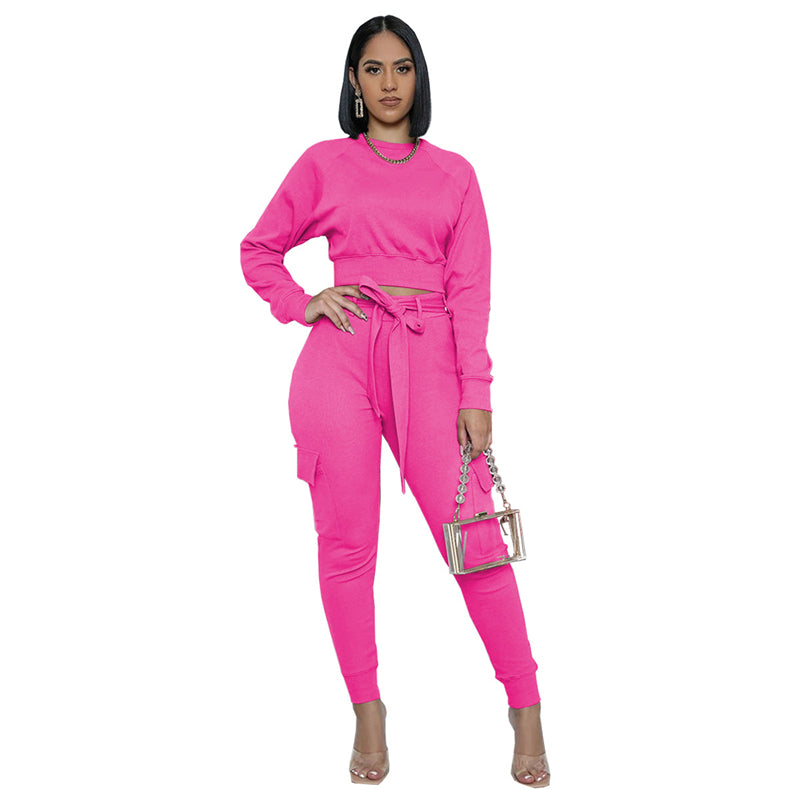 S-2XL Women Casual Solid Color Drawstring Sweatshirt And Sweatpants Two Pieces Set