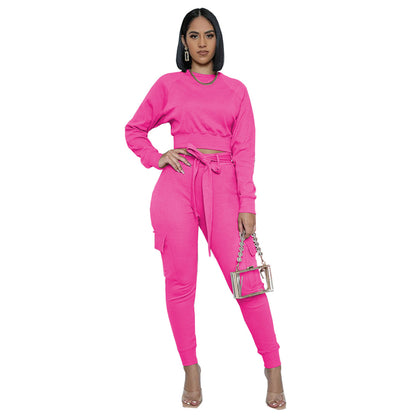 S-2XL Women Casual Solid Color Drawstring Sweatshirt And Sweatpants Two Pieces Set