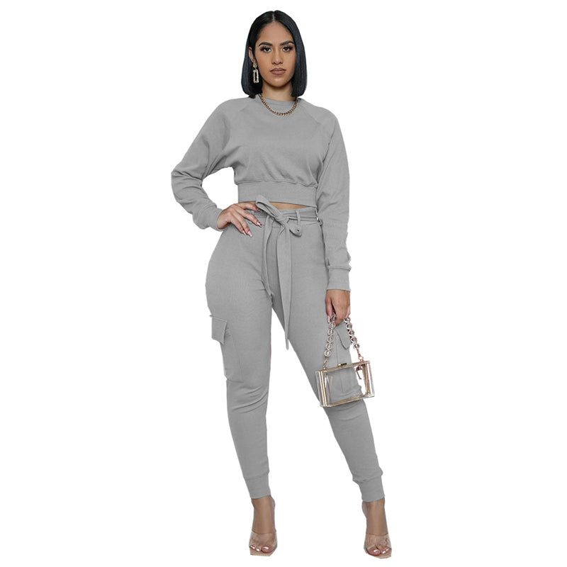 S-2XL Women Casual Solid Color Drawstring Sweatshirt And Sweatpants Two Pieces Set