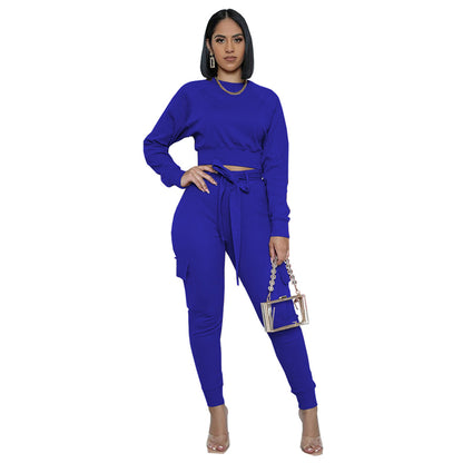 S-2XL Women Casual Solid Color Drawstring Sweatshirt And Sweatpants Two Pieces Set