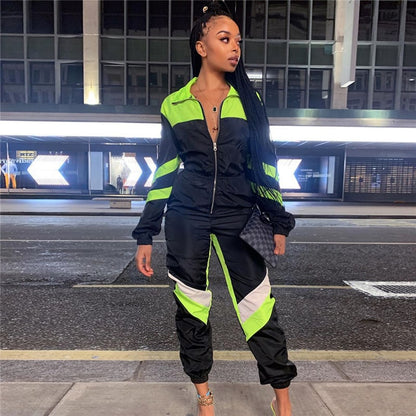 S-2XL Women Casual Lapel Color Blocking Zipper Jumpsuits