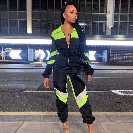 S-2XL Women Casual Lapel Color Blocking Zipper Jumpsuits