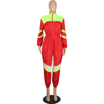 S-2XL Women Casual Lapel Color Blocking Zipper Jumpsuits