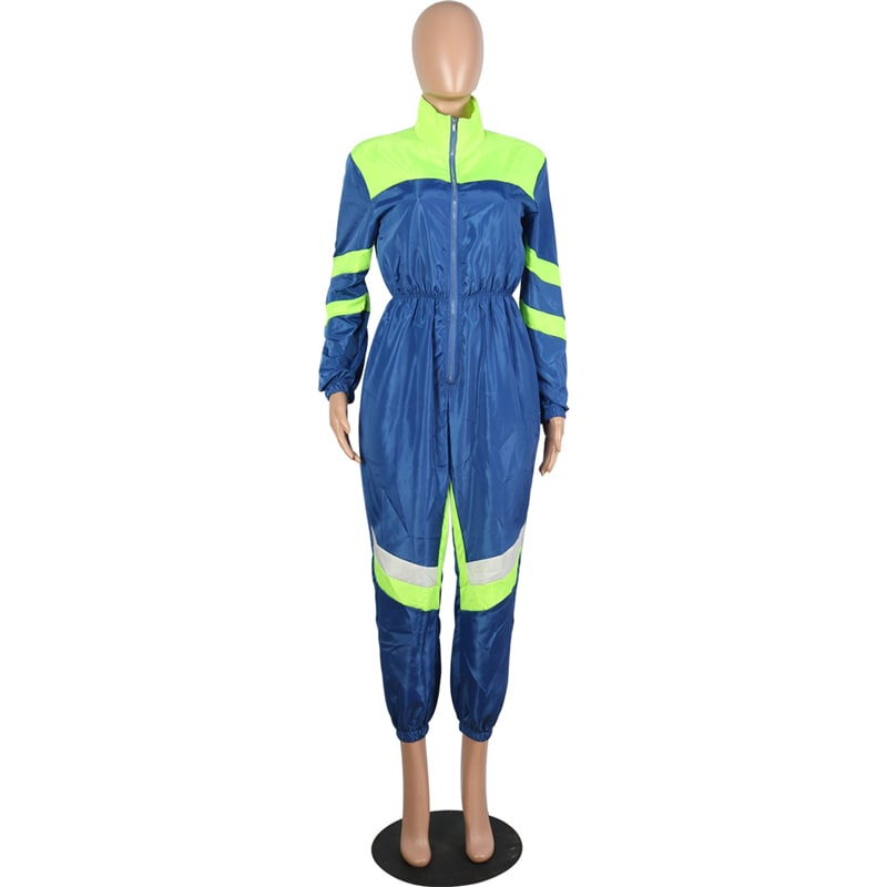 S-2XL Women Casual Lapel Color Blocking Zipper Jumpsuits