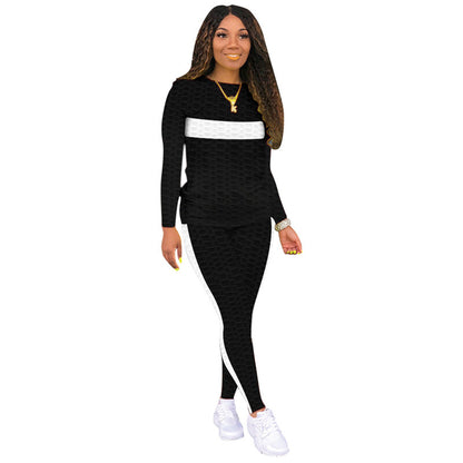 Conjunto de dos piezas de top y pantalón con estampado de cuadros gofres y bloques de color para mujer, tallas S-3XL
