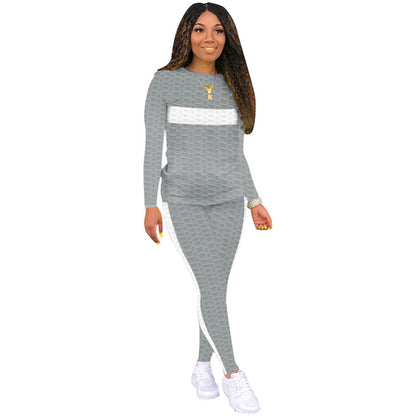 Conjunto de dos piezas de top y pantalón con estampado de cuadros gofres y bloques de color para mujer, tallas S-3XL