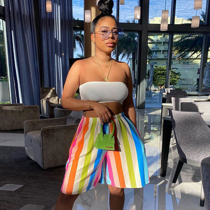 S-3XL Women Fashion Rainbow Color Striped Casual Shorts