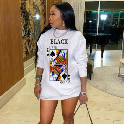 S-XL Women Casual Poker Printing Long Sleeve Dress