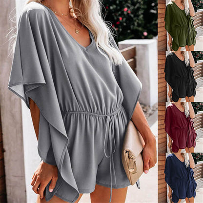 S-3XL Women Casual V-neck High Waist Solid Color Ruffled Rompers