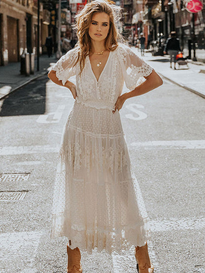 White Lace Boho Maxi Dress for Women - Dot Tiered V Neck Long Gown - Summer Beach Wedding Guest 2026